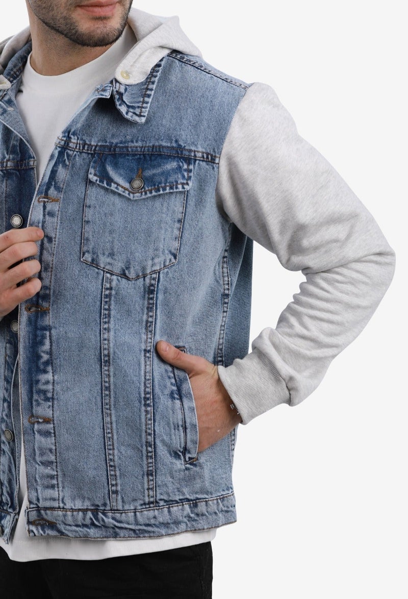 WHITE RABBIT Casual Plain Basic Long Sleeve Hooded Neck Denim Jacket - Image 5